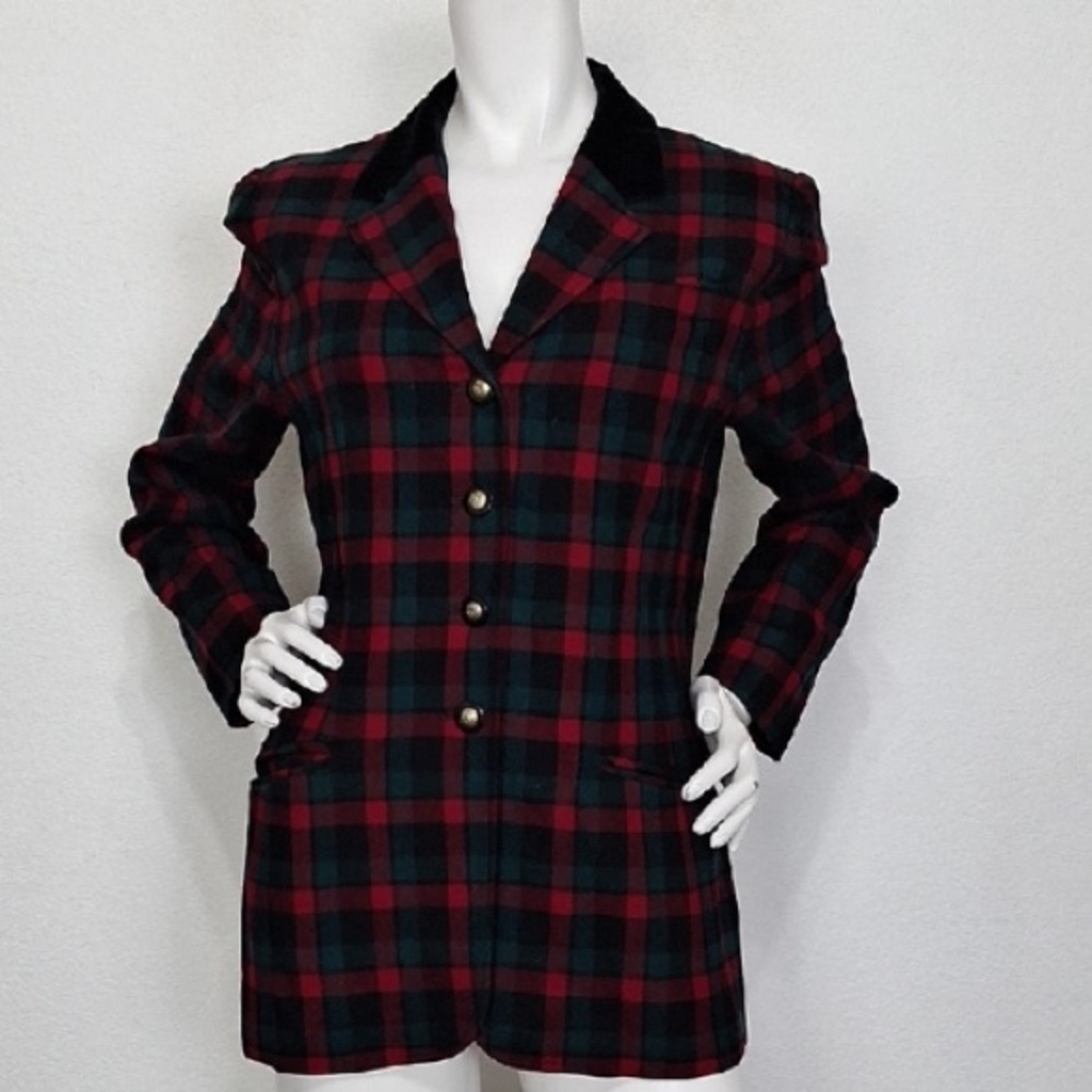 Pendleton Vintage Black Red Green 100% Virgin Wool Academia Plaid Blazer Size 12 - Picture 2 of 15